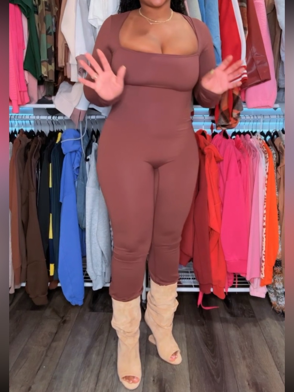 Long Sleeve Square Neck Jumpsuit in Dusty Rose